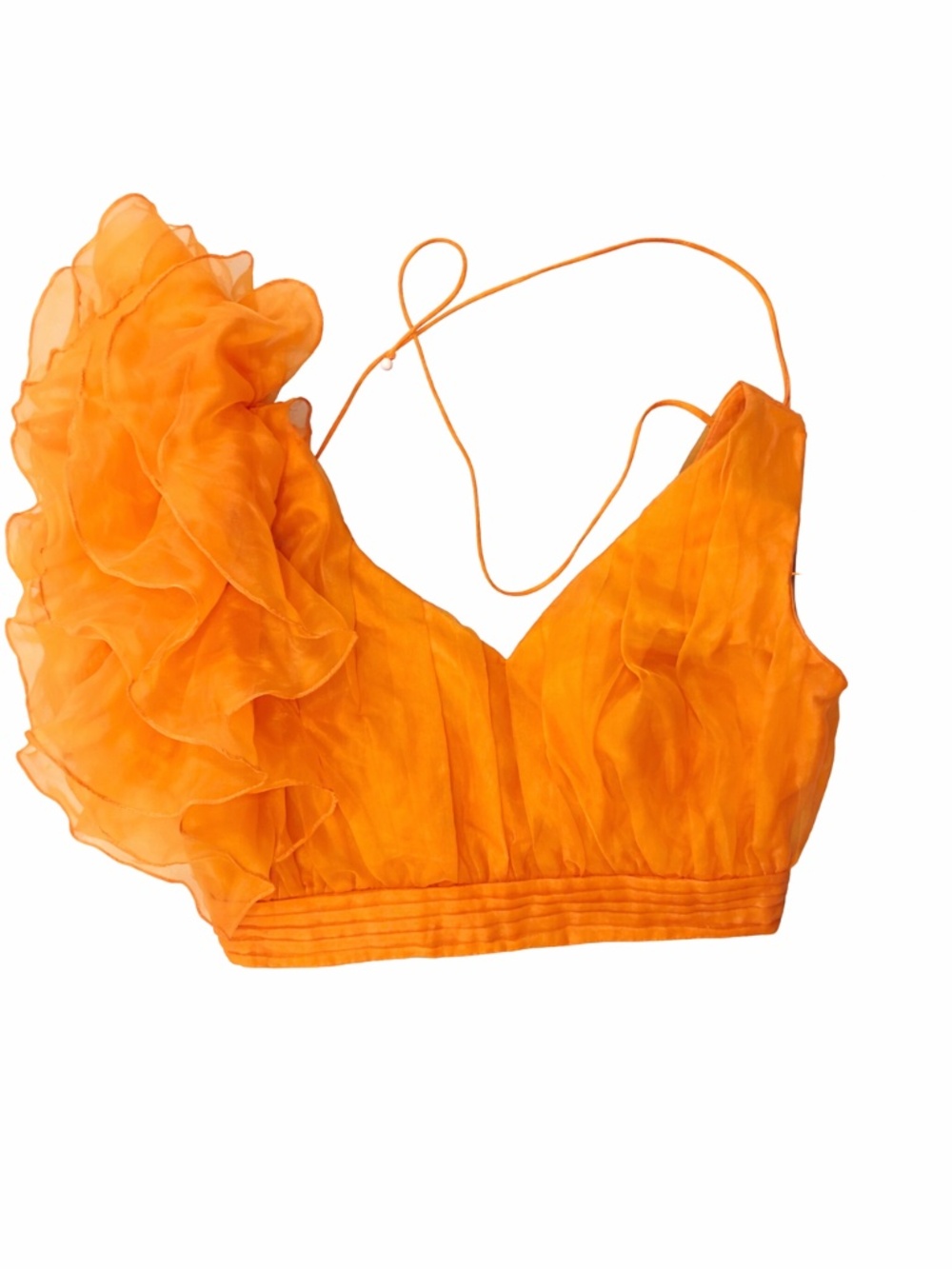 Cropped Pleated Organza One-Shoulder Top with Crystal Detail